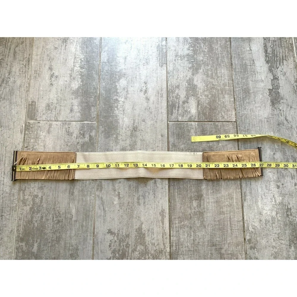 Stretch Elastic Waist Wide Belt Cummerbund Tan Faux Suede Fringe Boho M